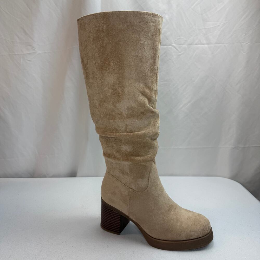 Shoe’N Tale Khaki Suede Knee High Boots Women’s Size 39.5 / 8.5– Block Heel Zip